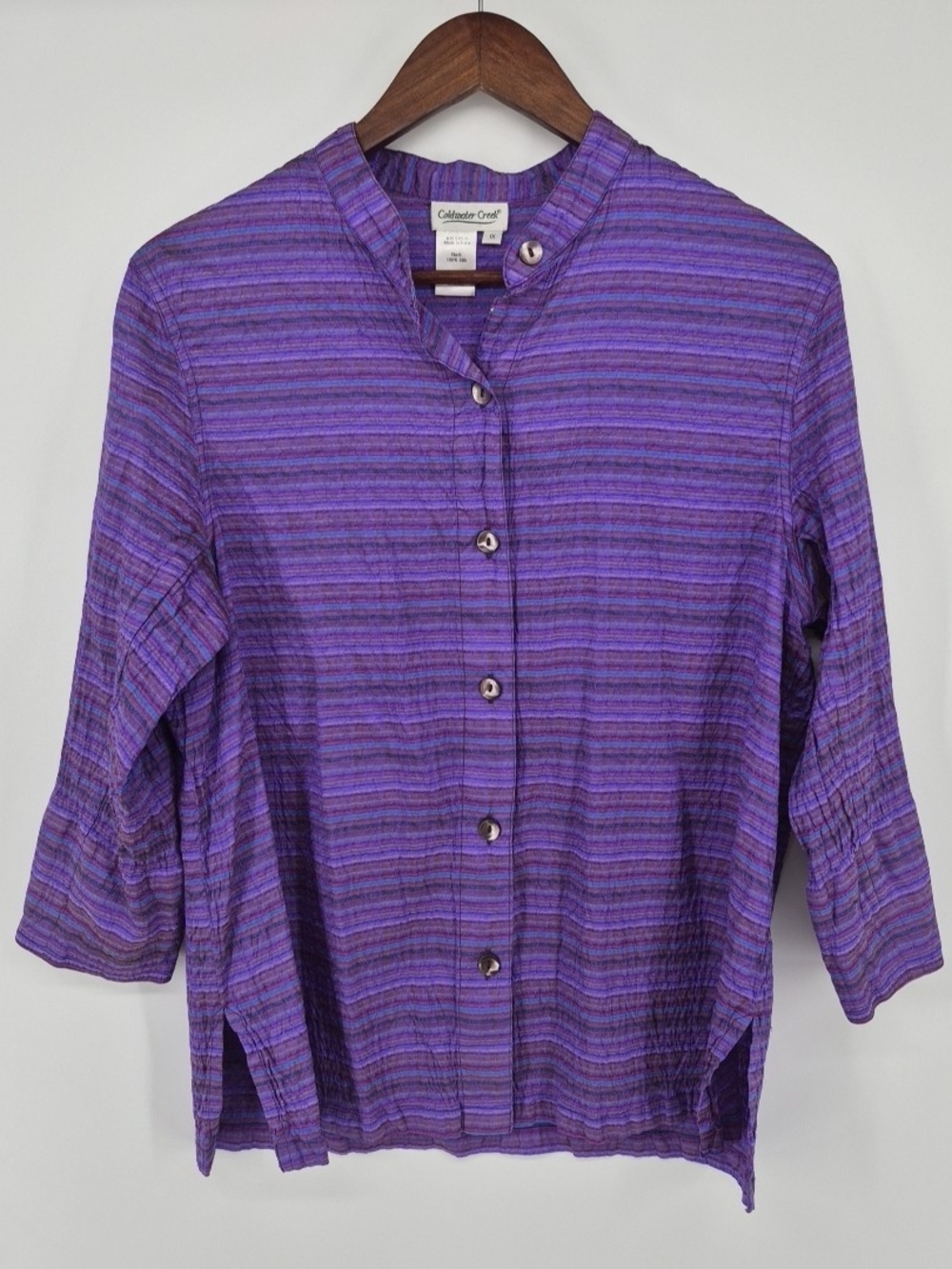 100% Silk Coldwater Creek Textured Purple Blouse Button Up 3/4 Sleeve Women's 1X